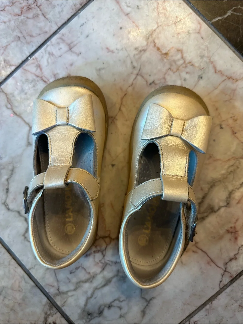 La”Mour Girls' Gold T-Strap Bow Shoes